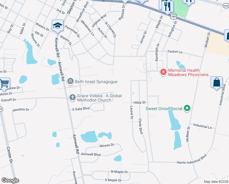 map of restaurants, bars, coffee shops, grocery stores, and more near 1525 Hall Way in Vidalia