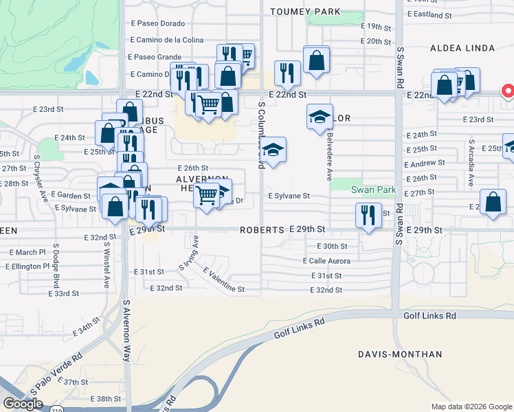 map of restaurants, bars, coffee shops, grocery stores, and more near 4255 East 29th Street in Tucson