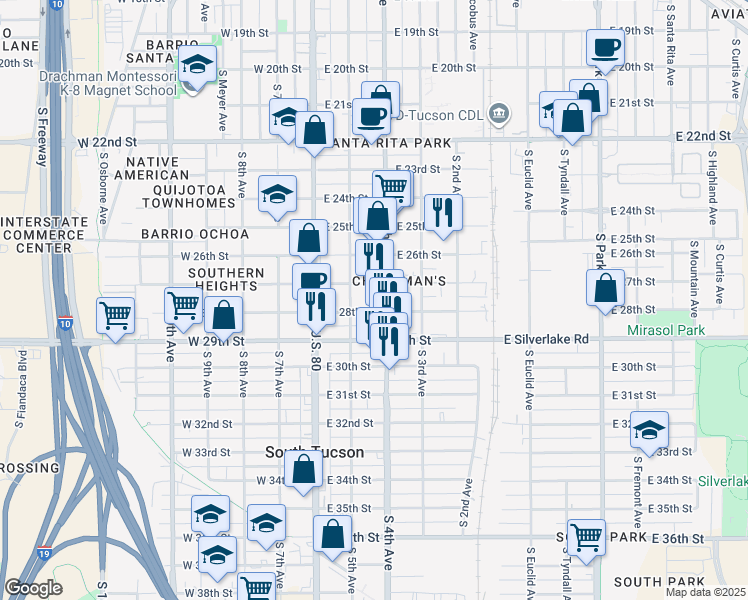 map of restaurants, bars, coffee shops, grocery stores, and more near 1802 South 4th Avenue in Tucson