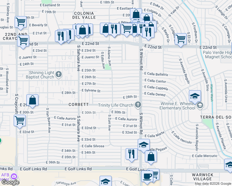 map of restaurants, bars, coffee shops, grocery stores, and more near 6100 East 28th Street in Tucson