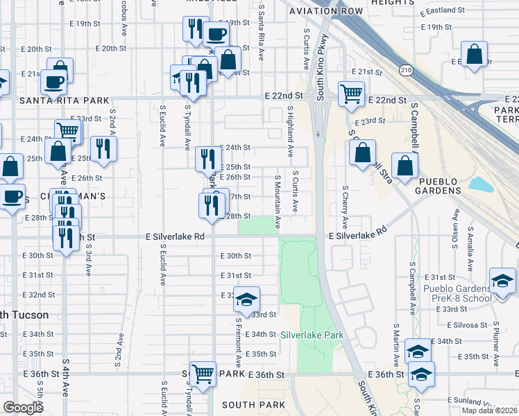 map of restaurants, bars, coffee shops, grocery stores, and more near 1145 East 28th Street in Tucson