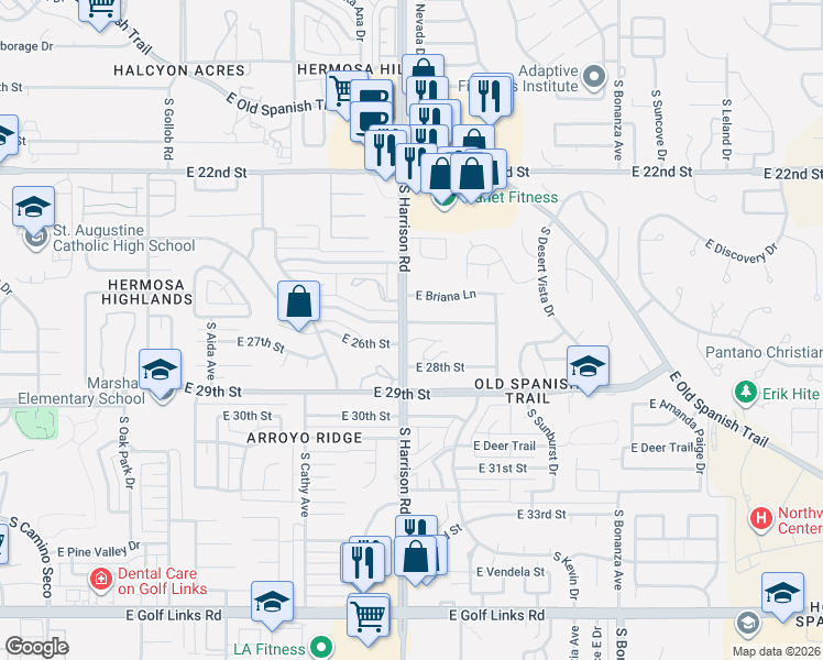 map of restaurants, bars, coffee shops, grocery stores, and more near 9468 East 26th Street in Tucson