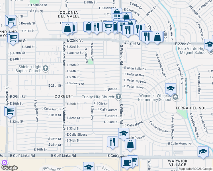 map of restaurants, bars, coffee shops, grocery stores, and more near 6202 East 28th Street in Tucson