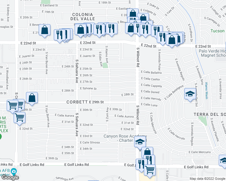 map of restaurants, bars, coffee shops, grocery stores, and more near 6100 East 28th Street in Tucson