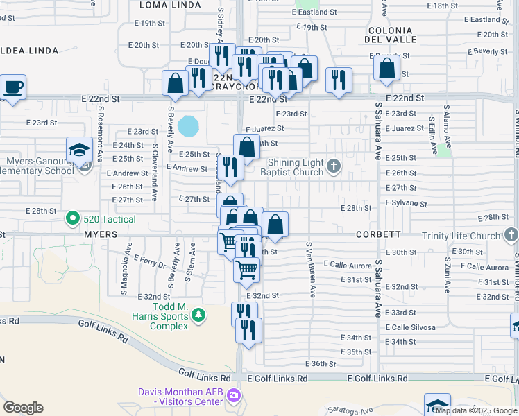 map of restaurants, bars, coffee shops, grocery stores, and more near 1804 South Jefferson Avenue in Tucson