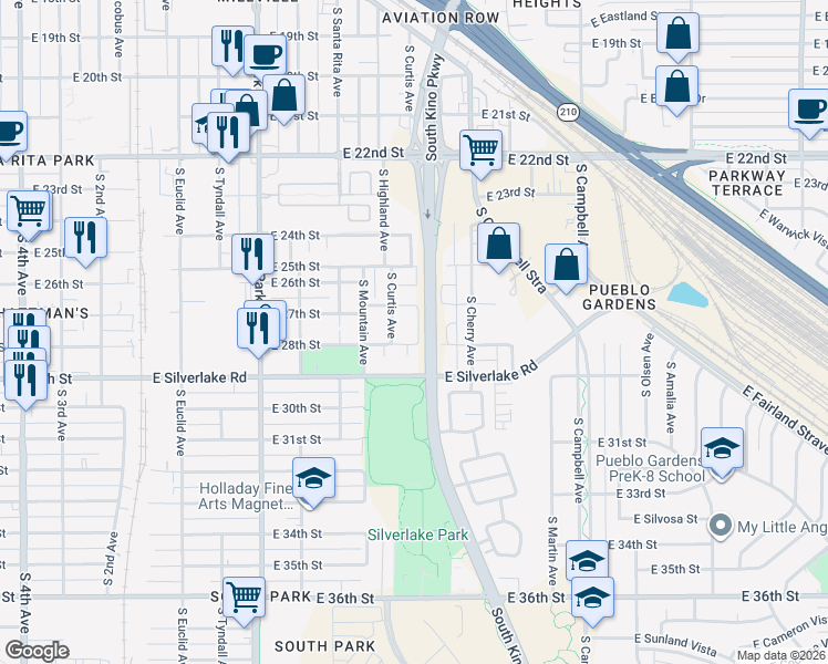 map of restaurants, bars, coffee shops, grocery stores, and more near 1410 East 28th Street in Tucson