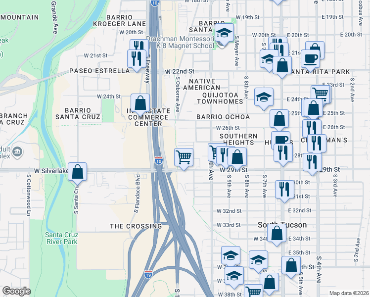 map of restaurants, bars, coffee shops, grocery stores, and more near 504 West 29th Street in Tucson