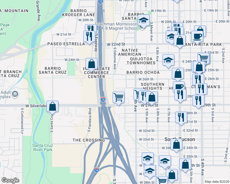 map of restaurants, bars, coffee shops, grocery stores, and more near 504 West 29th Street in Tucson