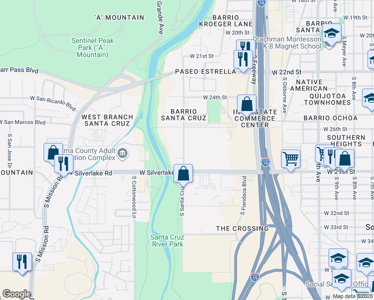 map of restaurants, bars, coffee shops, grocery stores, and more near 1808 South Santa Cruz Lane in Tucson