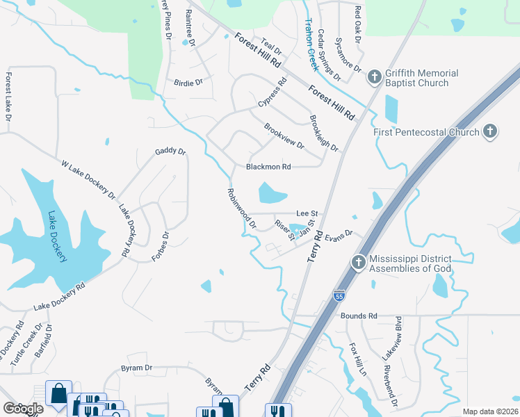 map of restaurants, bars, coffee shops, grocery stores, and more near 449 Lee Street in Jackson