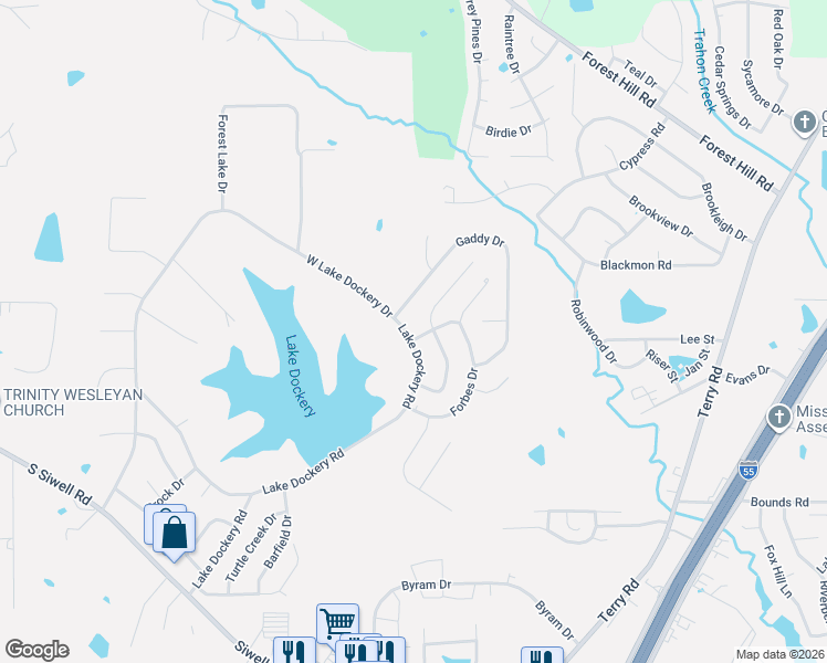map of restaurants, bars, coffee shops, grocery stores, and more near 393 Lake Dockery Road in Byram
