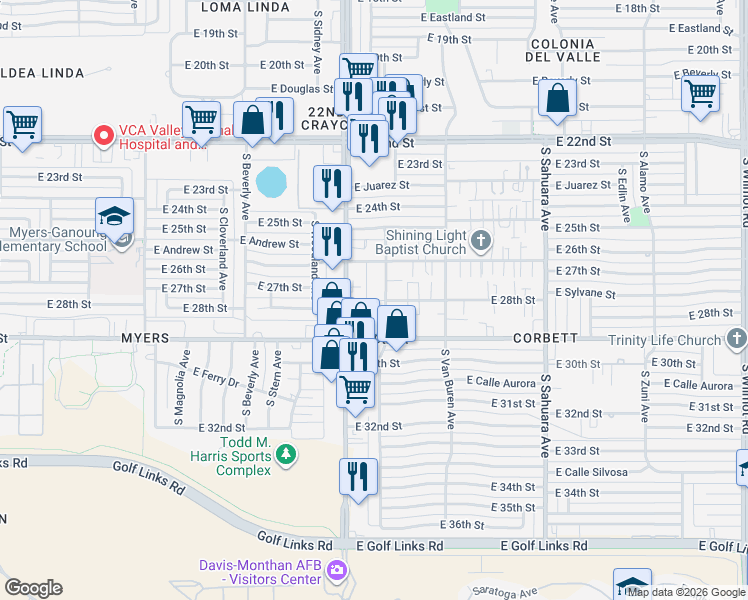map of restaurants, bars, coffee shops, grocery stores, and more near 1804 South Jefferson Avenue in Tucson