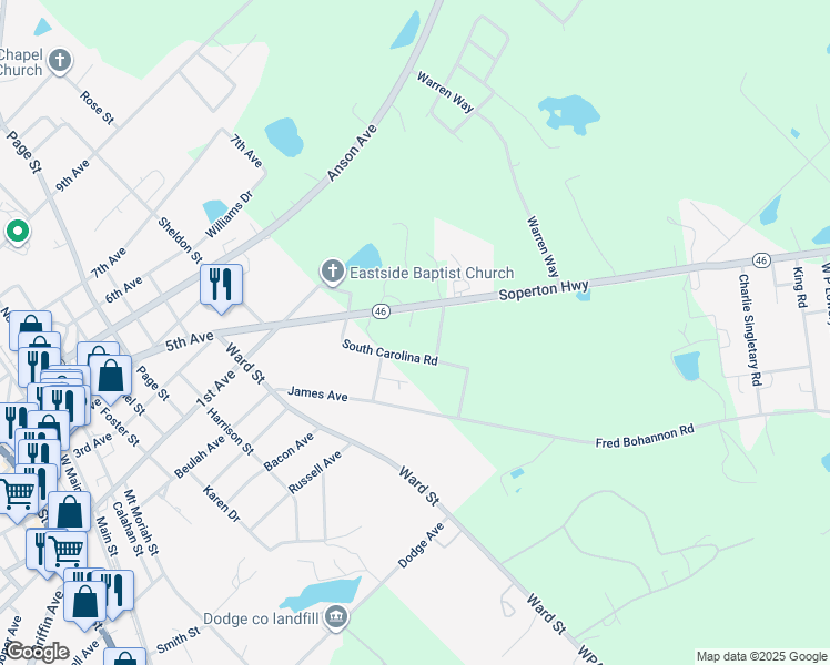 map of restaurants, bars, coffee shops, grocery stores, and more near 514 Soperton Highway in Eastman