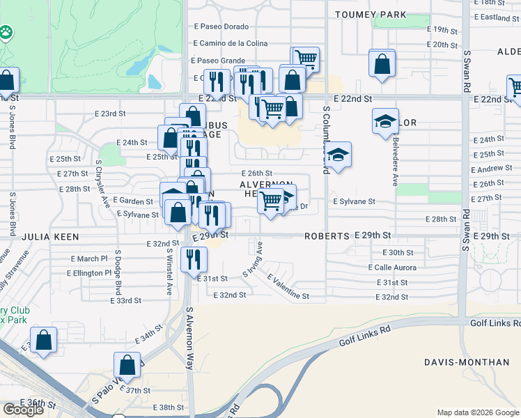 map of restaurants, bars, coffee shops, grocery stores, and more near 4055 East 29th Street in Tucson