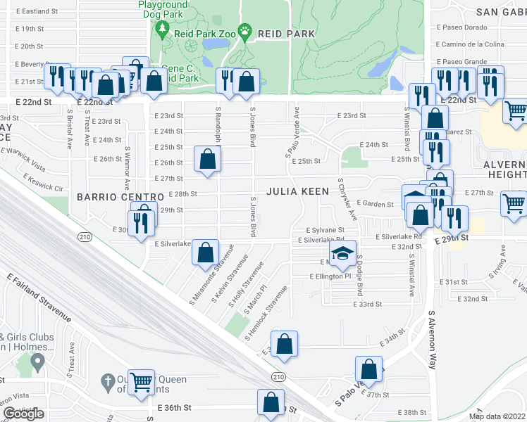 map of restaurants, bars, coffee shops, grocery stores, and more near 1725 South Jones Boulevard in Tucson