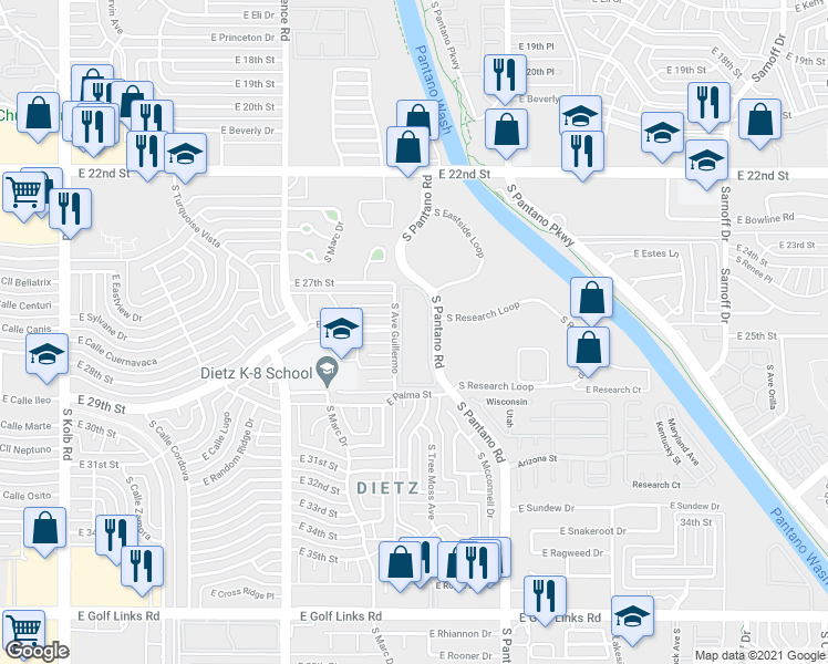 map of restaurants, bars, coffee shops, grocery stores, and more near 1800 South Pantano Road in Tucson