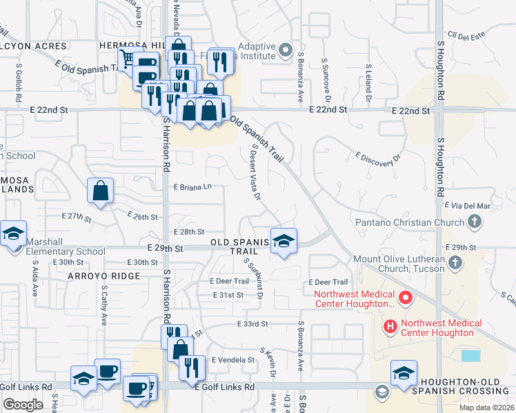 map of restaurants, bars, coffee shops, grocery stores, and more near 9770 East Sunburst Drive in Tucson