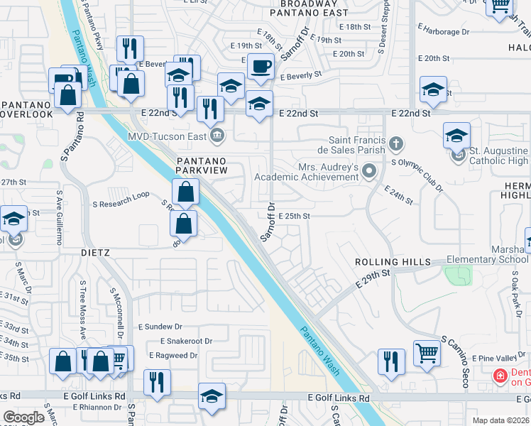 map of restaurants, bars, coffee shops, grocery stores, and more near 1772 South Sarnoff Drive in Tucson