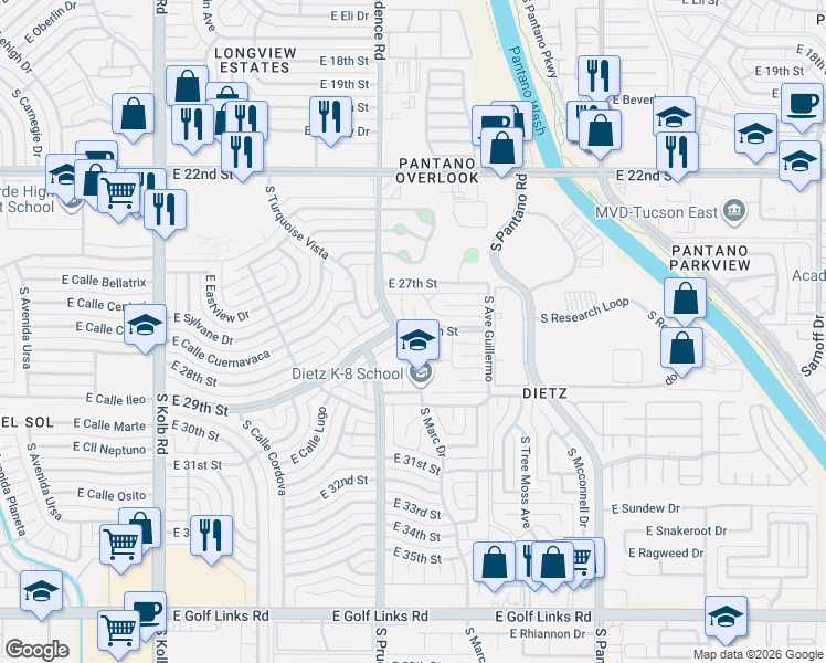 map of restaurants, bars, coffee shops, grocery stores, and more near 1708 South 29th Place in Tucson