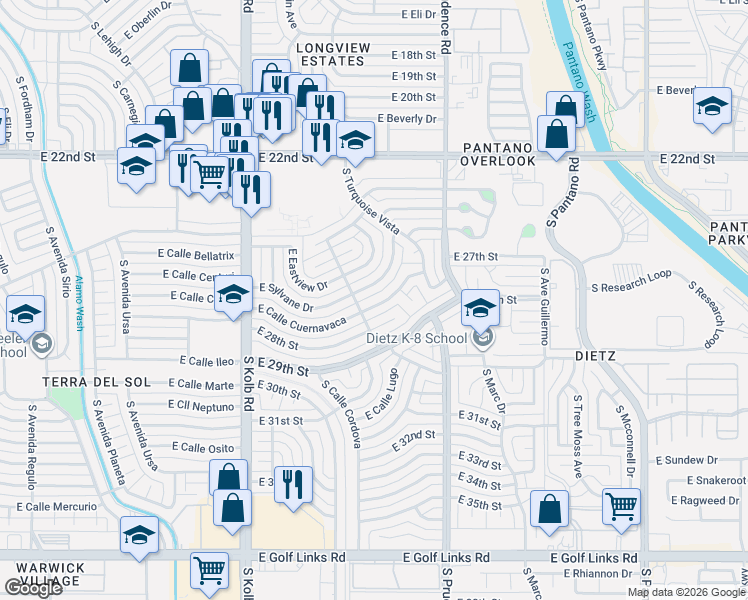 map of restaurants, bars, coffee shops, grocery stores, and more near 7341 East 28th Place in Tucson