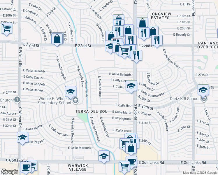 map of restaurants, bars, coffee shops, grocery stores, and more near 6910 East Calle Denebola in Tucson