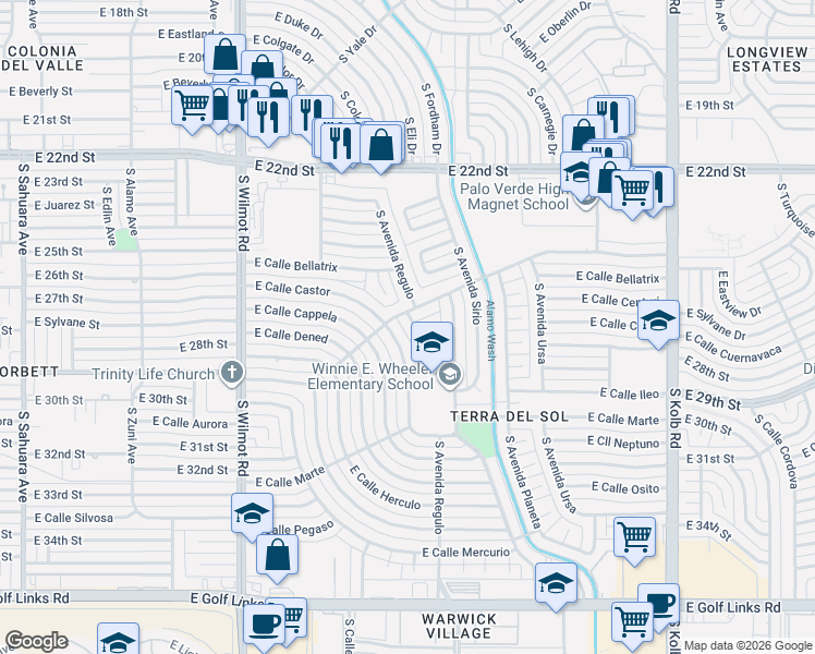 map of restaurants, bars, coffee shops, grocery stores, and more near 6525 East Calle Castor in Tucson