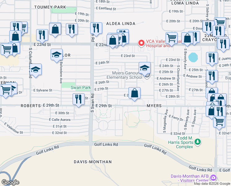 map of restaurants, bars, coffee shops, grocery stores, and more near 4857 East 29th Street in Tucson