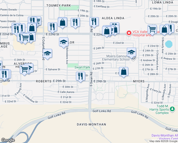 map of restaurants, bars, coffee shops, grocery stores, and more near 4701 East 29th Street in Tucson