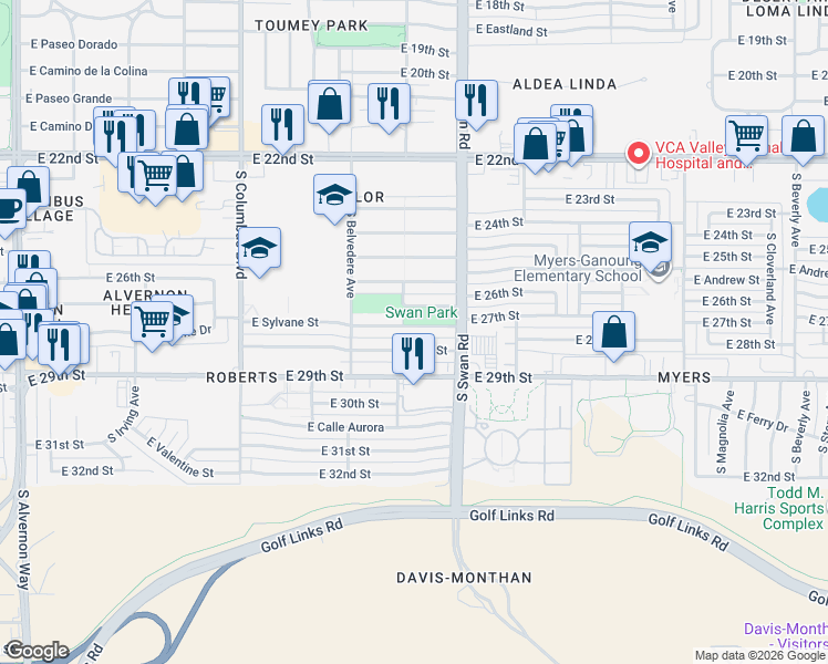map of restaurants, bars, coffee shops, grocery stores, and more near 4634 East 28th Street in Tucson