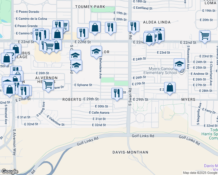 map of restaurants, bars, coffee shops, grocery stores, and more near 4550 East 28th Street in Tucson