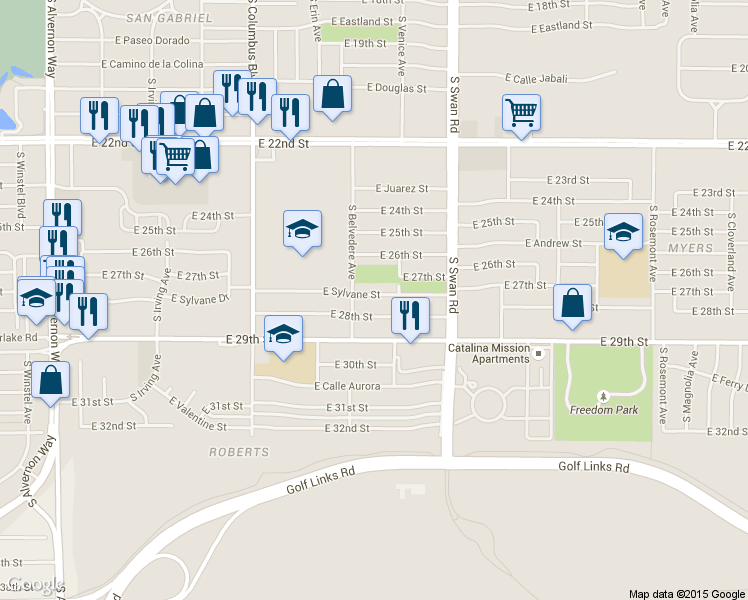 map of restaurants, bars, coffee shops, grocery stores, and more near 4550 East 28th Street in Tucson