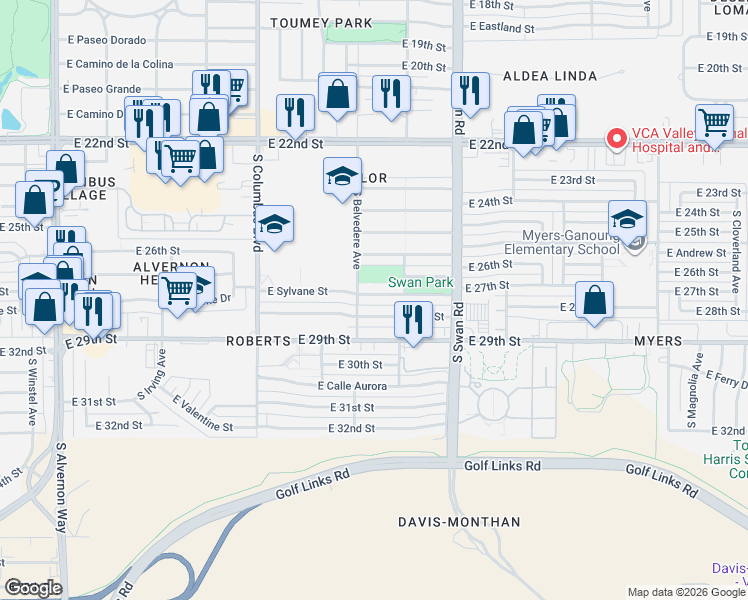 map of restaurants, bars, coffee shops, grocery stores, and more near 4502 East 28th Street in Tucson