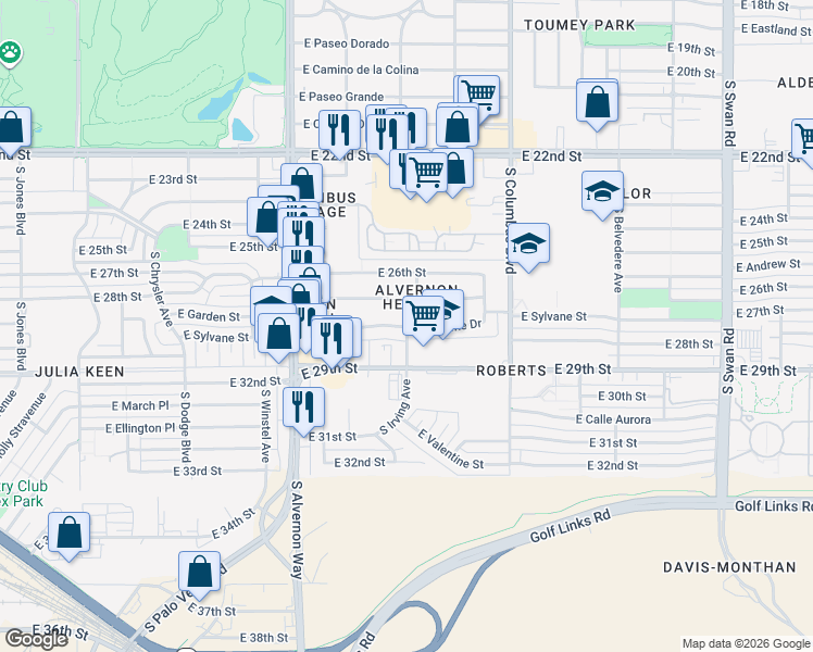 map of restaurants, bars, coffee shops, grocery stores, and more near 4055 East 29th Street in Tucson