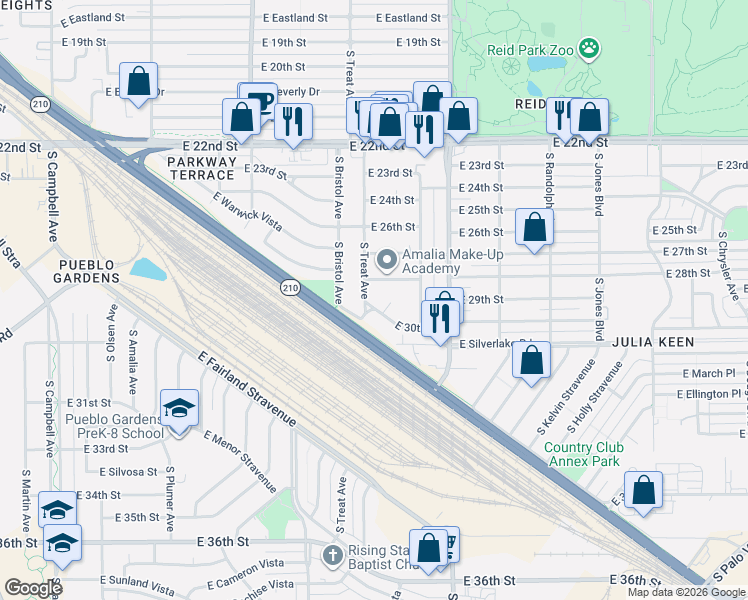map of restaurants, bars, coffee shops, grocery stores, and more near 2934 East 30th Street in Tucson