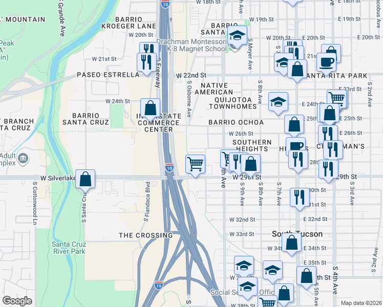 map of restaurants, bars, coffee shops, grocery stores, and more near 504 West 29th Street in Tucson