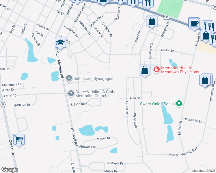 map of restaurants, bars, coffee shops, grocery stores, and more near 1526 Hall Way in Vidalia