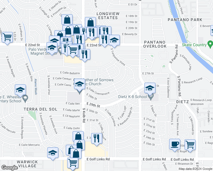 map of restaurants, bars, coffee shops, grocery stores, and more near 7241 East Sylvane Drive in Tucson