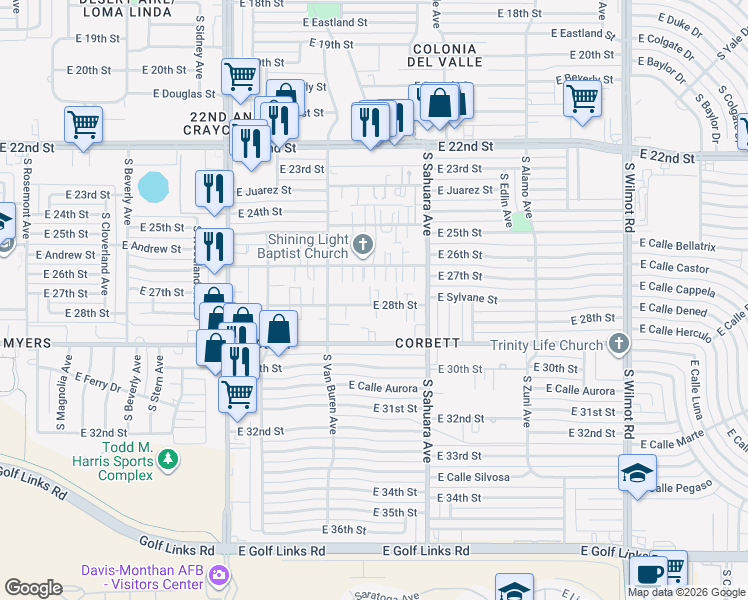 map of restaurants, bars, coffee shops, grocery stores, and more near 5734 East 26th Street in Tucson