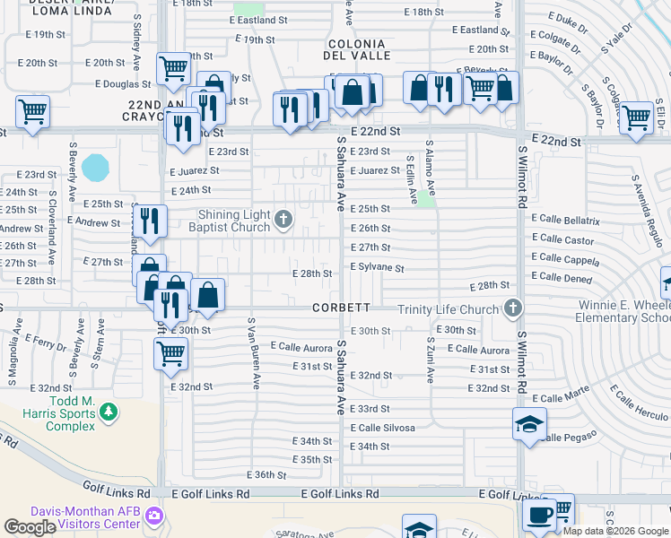 map of restaurants, bars, coffee shops, grocery stores, and more near 5902 East 27th Street in Tucson