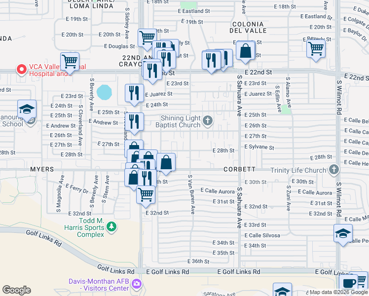 map of restaurants, bars, coffee shops, grocery stores, and more near 1616 South Van Buren Avenue in Tucson
