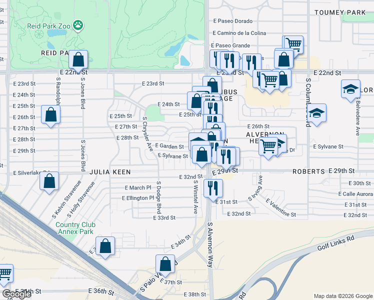 map of restaurants, bars, coffee shops, grocery stores, and more near 3760 East 27th Place in Tucson