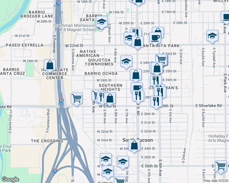 map of restaurants, bars, coffee shops, grocery stores, and more near 1629 South 8th Avenue in Tucson