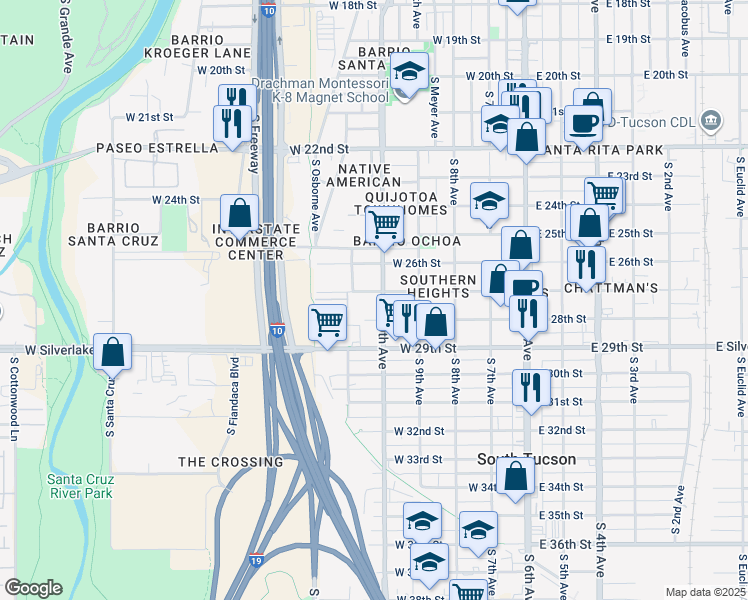 map of restaurants, bars, coffee shops, grocery stores, and more near 1631 South 10th Avenue in Tucson