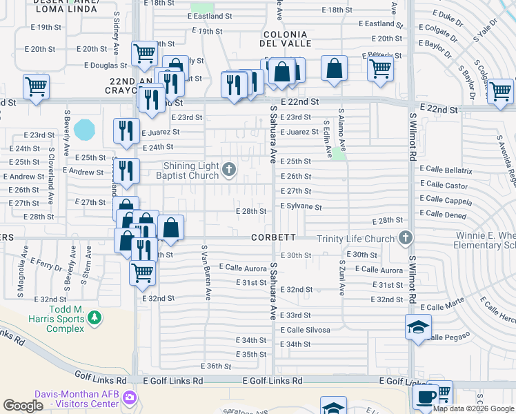 map of restaurants, bars, coffee shops, grocery stores, and more near 5820 East 26th Street in Tucson