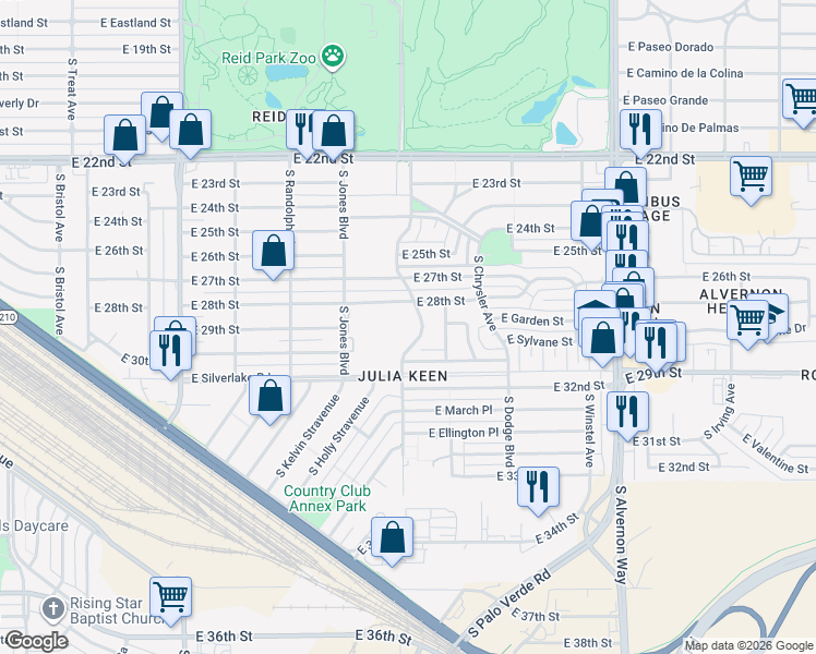 map of restaurants, bars, coffee shops, grocery stores, and more near 62 South Palo Verde Avenue in Tucson