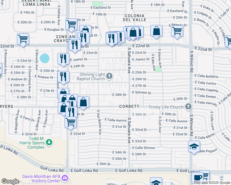 map of restaurants, bars, coffee shops, grocery stores, and more near 5820 East 26th Street in Tucson