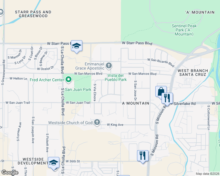 map of restaurants, bars, coffee shops, grocery stores, and more near 1610 South Vía Hondo in Tucson