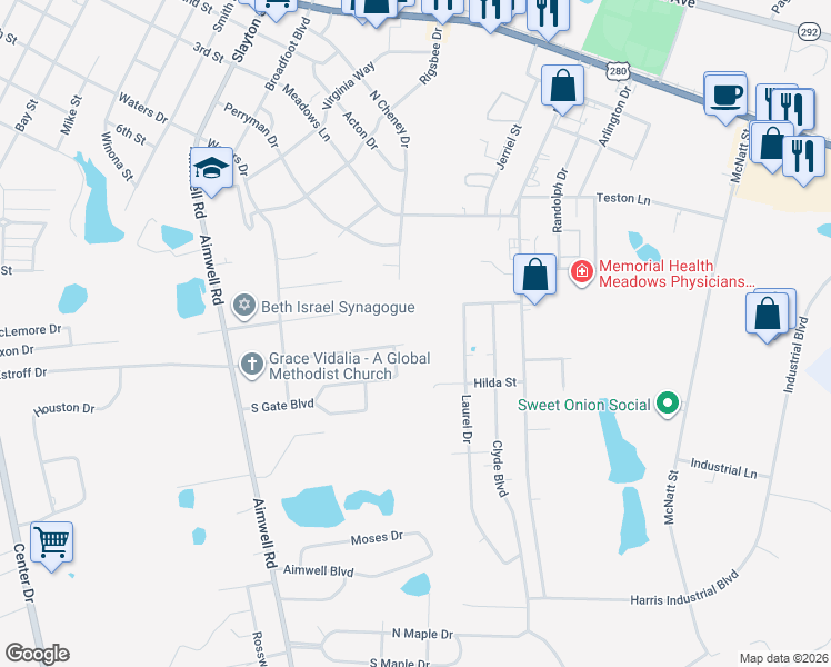 map of restaurants, bars, coffee shops, grocery stores, and more near 701 Laurel Drive in Vidalia