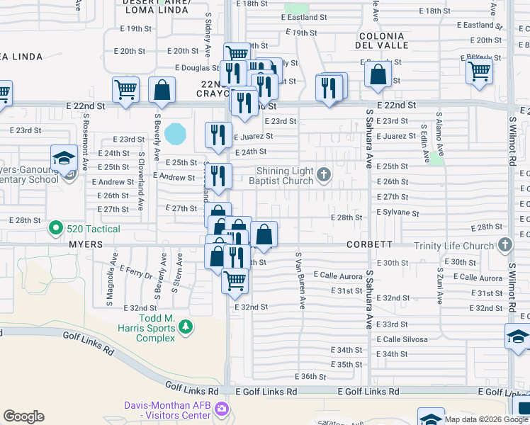 map of restaurants, bars, coffee shops, grocery stores, and more near 5601 East 28th Street in Tucson