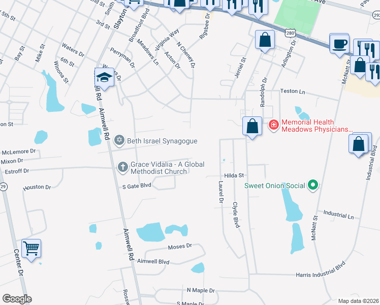 map of restaurants, bars, coffee shops, grocery stores, and more near 1526 Hall Way in Vidalia